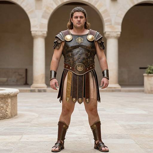 Photograph of a muscular man with long brown hair, wearing detailed ancient Roman-style armor, standing in a stone courtyard with arches.