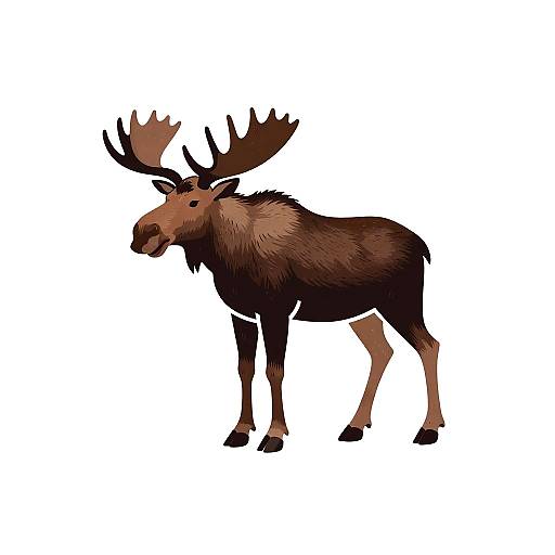 Digital illustration of a standing moose with large, dark brown antlers, a brown and black fur coat, and a white background.