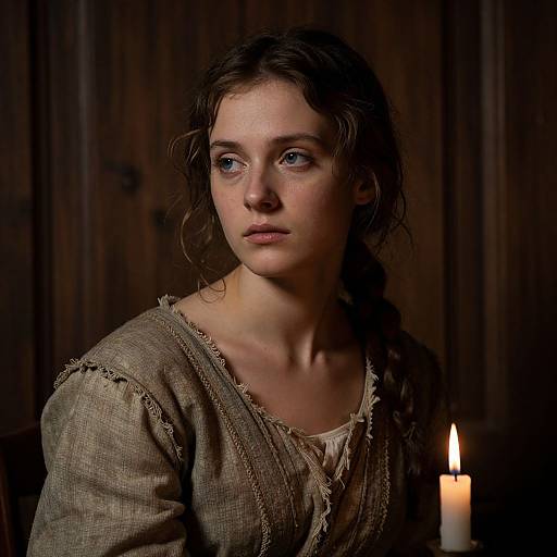 Photograph of a young woman with wavy brown hair, blue eyes, and fair skin, wearing a worn, brown, rustic dress, illuminated by