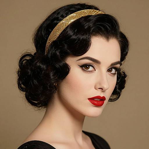 Photograph of a pale-skinned woman with black, wavy 1940s-style hair, wearing a gold headband, black dress, and