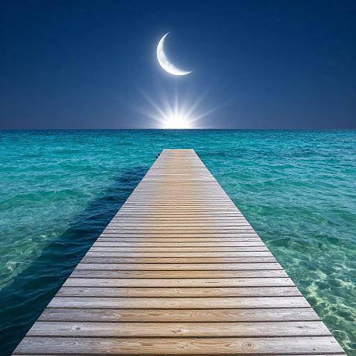 Photograph of a wooden pier leading to a glowing crescent moon and bright sun over a calm, turquoise ocean.