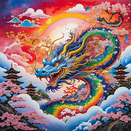Fantasy Dragon in Vibrant Sunset Sky Fantasy Dragon in Vibrant Sunset Sky