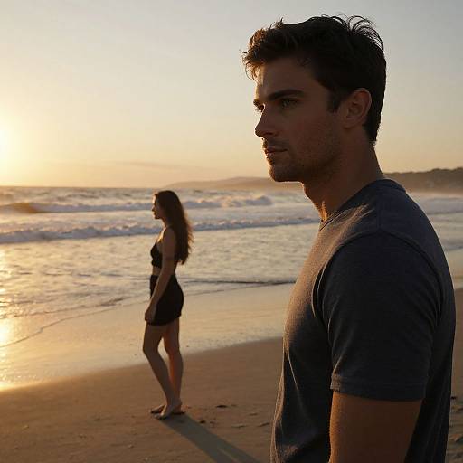 Photograph of a muscular man in a grey shirt, profile view, standing on a beach at sunset, with a woman in black swimsuit walking in