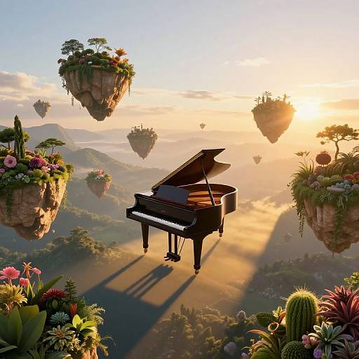 Fantastical digital artwork: grand piano on floating island, surrounded by floating gardens, sun setting over misty mountains, with flying balloons.