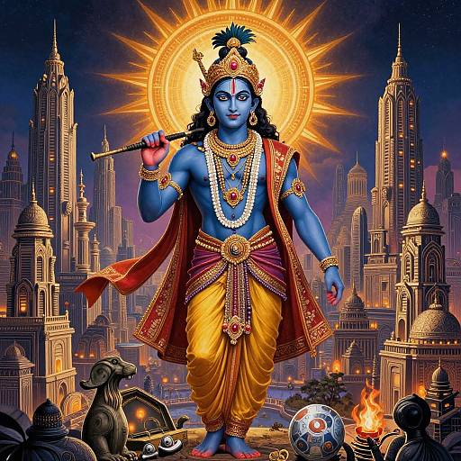 Digital artwork of blue-skinned Lord Krishna with golden halo, holding flute, wearing ornate jewelry and yellow-orange dhoti, amidst cityscape and