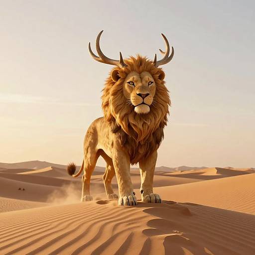 Digital art of a majestic lion with antlers standing in a golden desert, sunlight casting shadows on the sand dunes.