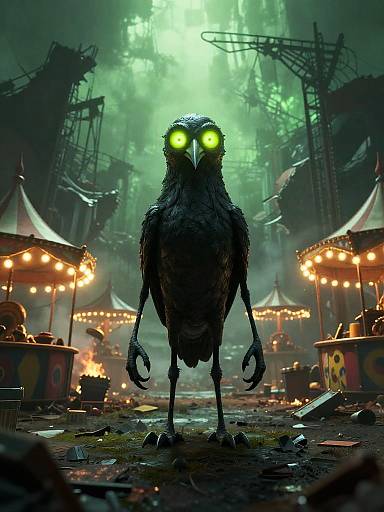 Digital art: eerie bird-like creature with glowing green eyes stands in a dark, foggy carnival at night, surrounded by illuminated booths.