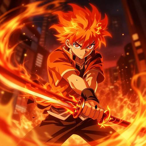 Digital anime artwork of a fierce, red-haired male warrior with flaming hair and eyes, wielding a glowing sword amidst fiery swirls, in a dark,