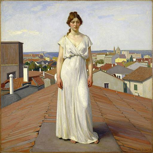 Photorealistic painting of a fair-skinned woman with brown hair in a white, pleated gown, standing on a tiled rooftop with a town and