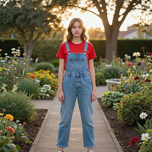Photograph of a young girl with light brown hair, wearing a red shirt and blue denim overalls, standing in a colorful, sunlit garden.