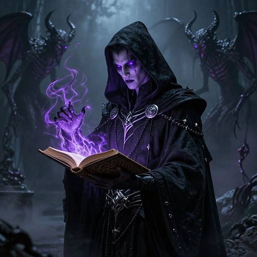 Mysterious hooded sorcerer in dark robes conjures purple flames from an open book, surrounded by shadowy, horned demons in a dim,