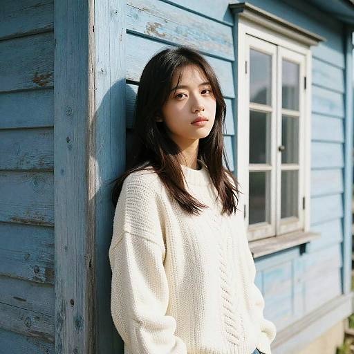 Photograph of an Asian woman with long black hair, wearing a white knitted sweater, leaning against a weathered blue wooden wall near a window.