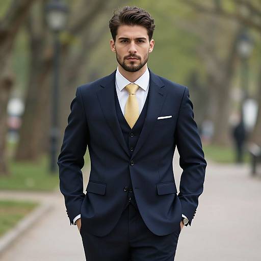 Photograph of a handsome bearded man with dark hair, wearing a black suit, white shirt, and yellow tie, walking confidently along a blurred park