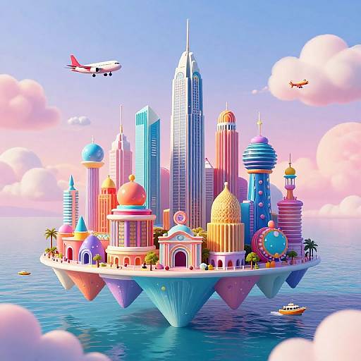 Vibrant, surreal CGI cityscape on a floating island, featuring colorful domes, skyscrapers, palm trees, and two flying airplanes against