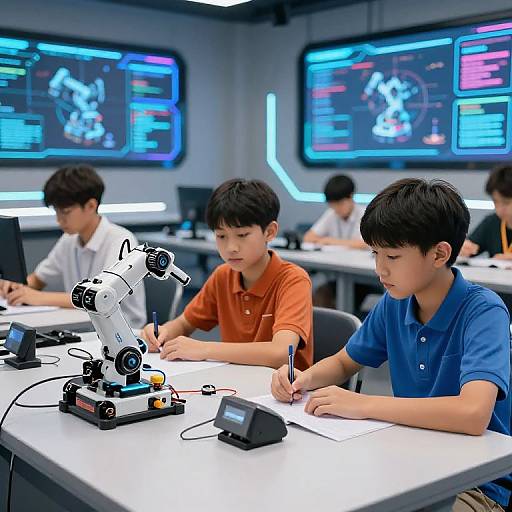 Photograph of five young Asian boys in a modern robotics lab, each focused on writing notes while using a robotic arm. Bright blue and pink screens in