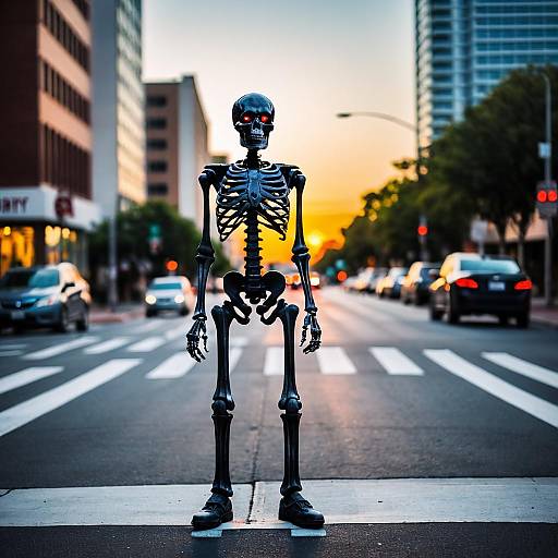 Red-Eyed Skeleton on City Crosswalk