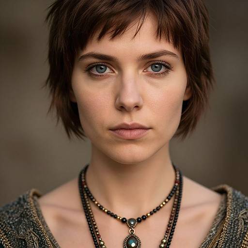 Photograph of a young woman with short brown hair, blue eyes, and pale skin, wearing a black and gold necklace, and a textured gray top