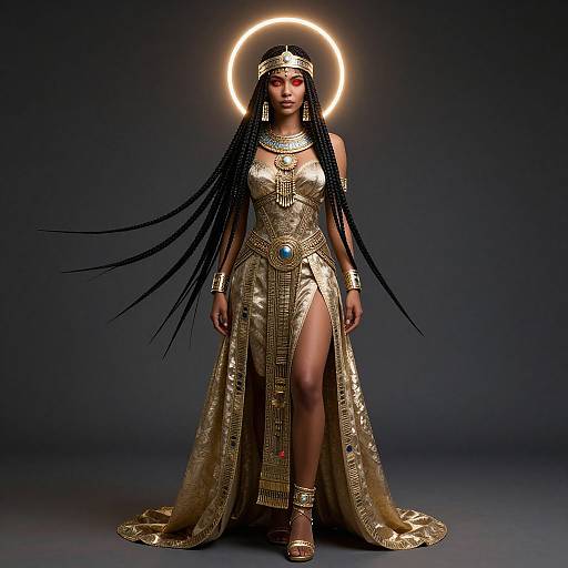 Photograph of a Black woman with long braids, wearing a gold, ancient Egyptian-inspired dress, headpiece, and jewelry, against a dark background