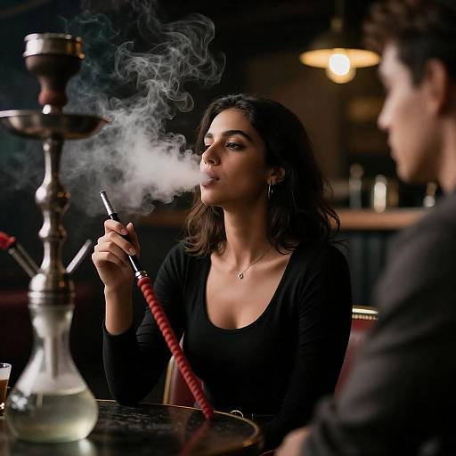 Woman in Dim Bar with Hookah