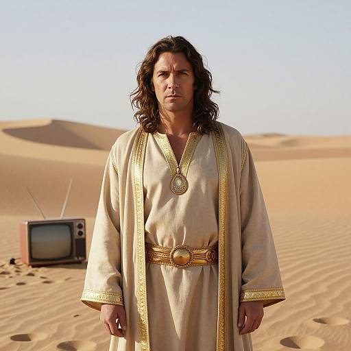 Photograph of a man with long dark hair, wearing a gold-trimmed beige robe, standing in a desert with an old TV on the sand