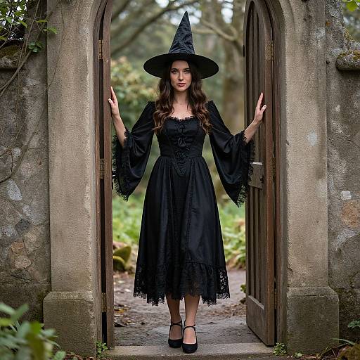 Photograph of a young woman with long brown hair, wearing a black witch hat and long lace dress, standing in an arched stone doorway, surrounded