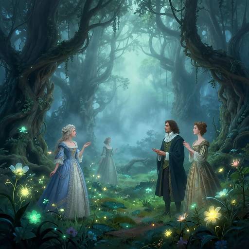 Digital fantasy artwork of four 18th-century women in elegant dresses, surrounded by glowing flowers, in a mystical, ethereal forest.