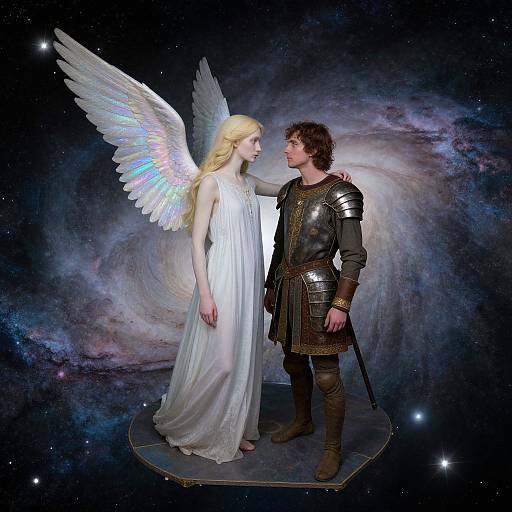 Photograph-like digital image of a blonde angel woman in a white gown, with iridescent wings, standing beside a dark-haired knight in armor,