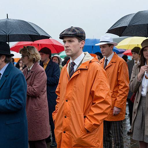 Photograph of a crowd in rain, featuring a young man in an orange trench coat and flat cap, standing front-center, surrounded by people with umb