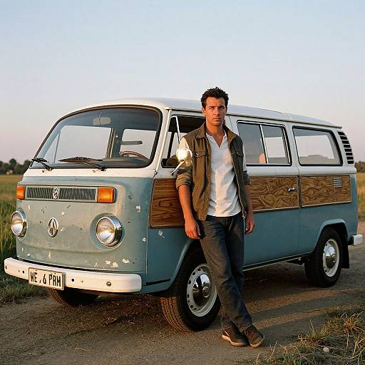 Photograph of a young man with short dark hair, wearing a green jacket and white shirt, standing next to a vintage blue and wooden-paneled Volkswagen