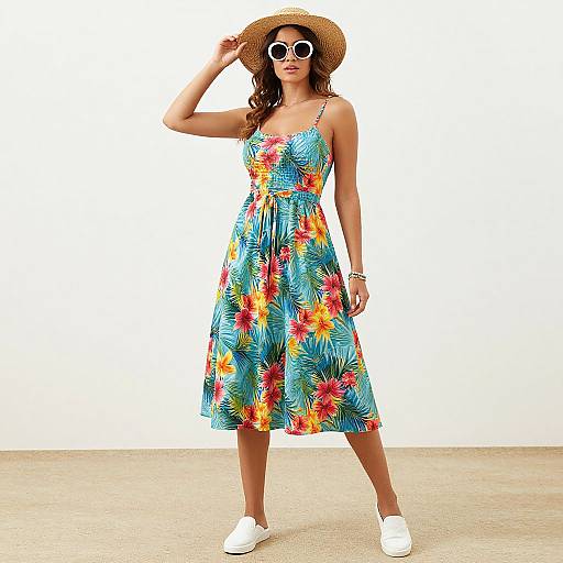 Photograph of a stylish woman in a blue floral sundress, straw hat, white sunglasses, and white sneakers, standing against a plain white background.