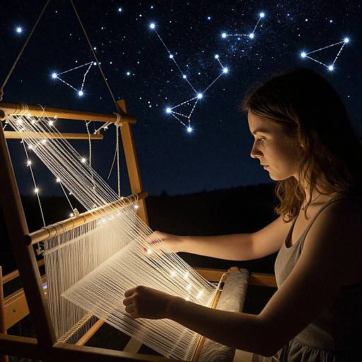 Photograph of a woman weaving under a starry night sky, illuminated by constellation patterns above, with a wooden loom in focus.