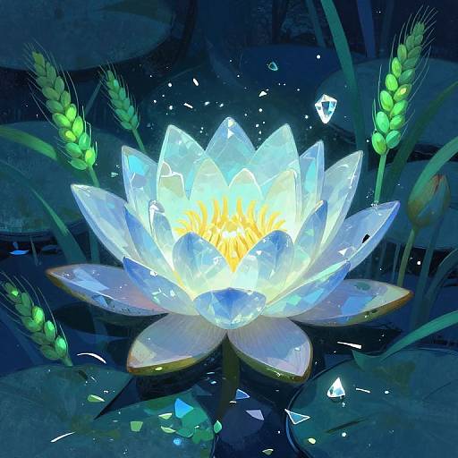 Digital art of a glowing, ethereal white lotus flower with blue and yellow luminescence, surrounded by green wheat stalks in a dark,