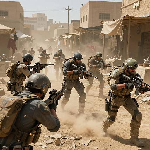 Tactical Squad Advancing in Middle Eastern Marketplace