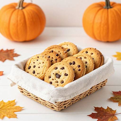 Photograph of a wicker basket with chocolate chip cookies, lined with white cloth, on a white surface with orange pumpkins and autumn leaves in the