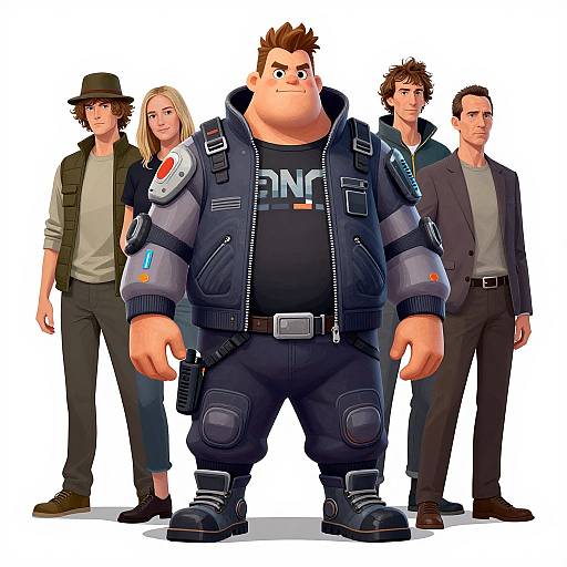 Digital illustration of five characters: a large, muscular, tan-skinned man in a blue jacket stands front, flanked by four diverse, stylishly