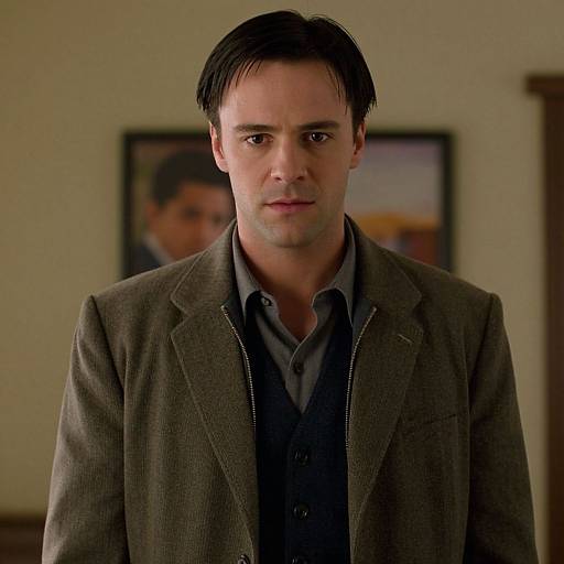 Photograph of a serious-looking man with dark hair, wearing a brown blazer over a black shirt, standing in an indoor setting with a blurred portrait