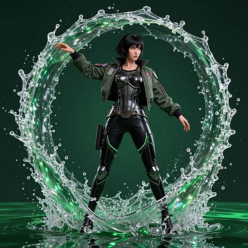 CGI image of a black-haired woman in a green jacket and black bodysuit, surrounded by a glowing, water-splashing circle. Dark