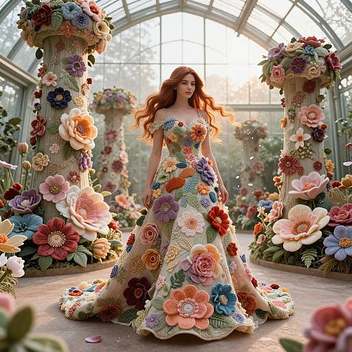Photograph of a red-haired woman in a colorful, flower-embellished gown standing in a sunlit greenhouse adorned with large, vibrant floral pillars