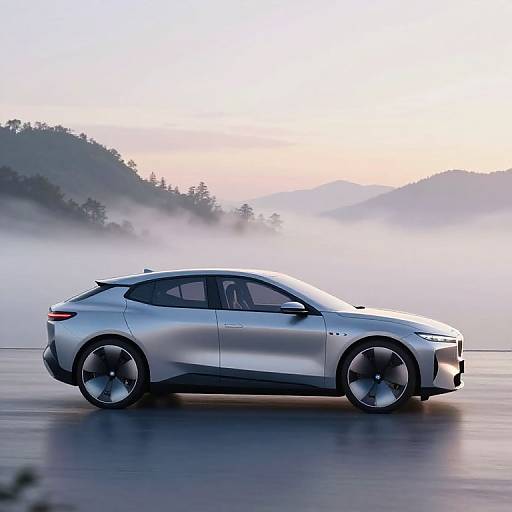 Photograph of a sleek, silver Tesla Model X driving on a misty, mountainous road at dawn, with soft pastel skies.