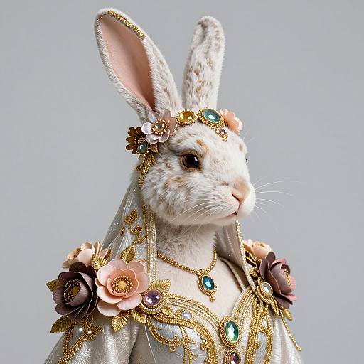 CGI image of a regal white rabbit adorned with gold jewelry, turquoise and pink flowers, and intricate lace, against a light blue background.