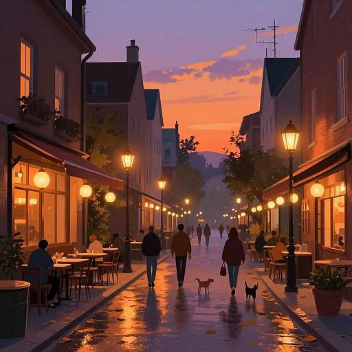 Digital painting of a vibrant, twilight European street with glowing orange sunset, warmly lit street lamps, people walking, and a dog, reflecting off wet pavement