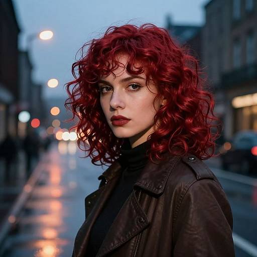 Photograph of a pale-skinned woman with vivid red curly hair, wearing a black leather jacket, standing on a rainy urban street at dusk, with