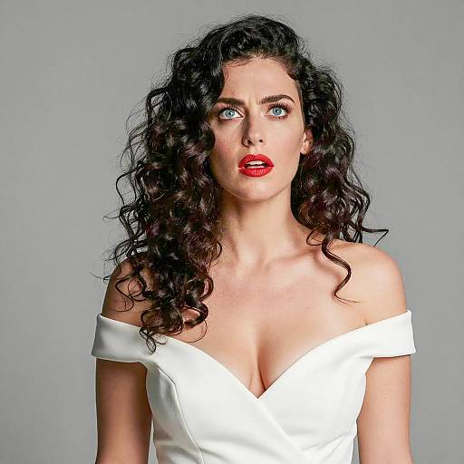 Woman with Curly Hair and White Off-Shoulder Dress