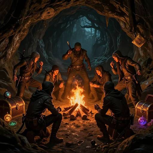 Digital illustration of seven rugged adventurers, armed and hooded, gathered around a campfire in a dark, cave-like forest setting, surrounded by treasure chests