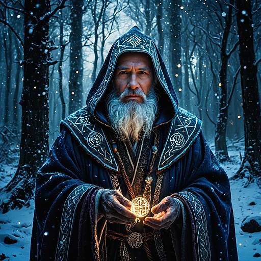 Elderly Mage in Enchanted Snowy Forest