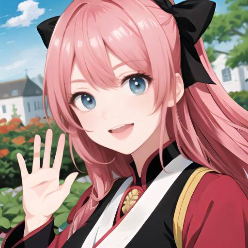 Anime-style digital illustration of a surprised pink-haired girl with blue eyes, large breasts, wearing a navy and white uniform, waving against a bright blue sky