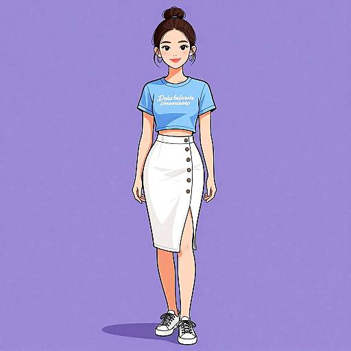 Digital drawing of a young woman with fair skin, black hair in a bun, wearing a light blue crop top and white skirt with buttons, standing against