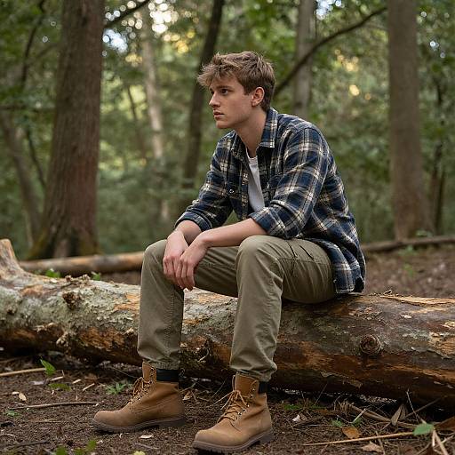 Photograph of a young Caucasian man with short brown hair, wearing a blue plaid shirt, beige pants, and tan boots, sitting thoughtfully on