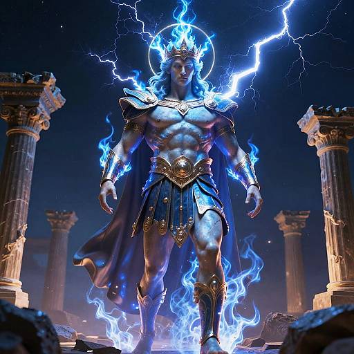 CGI image of a muscular, blue-skinned, god-like figure with lightning halo, wearing gold armor and blue cape, surrounded by flames, standing
