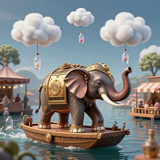 Fantastical CGI image of an ornate, gold-decorated elephant on a wooden boat, floating on a serene lake with floating clouds and lantern